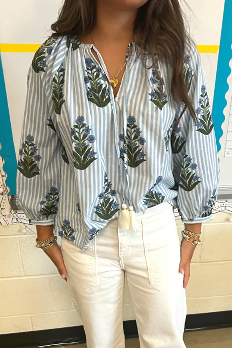 Beau Blue Floral Striped Tie V Neck Long Sleeve Blouse