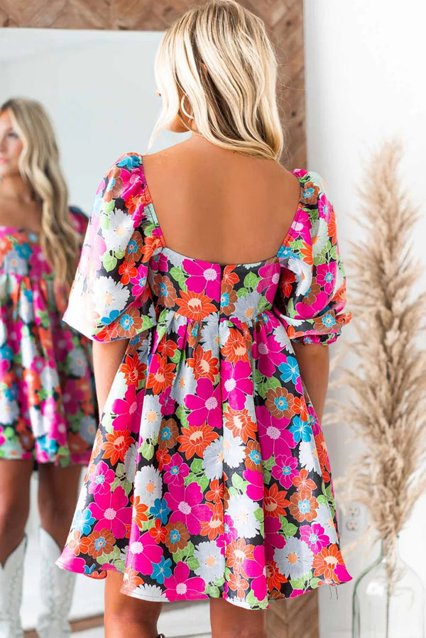 Rose Floral Print Square Neck Short Puff Sleeve Dress