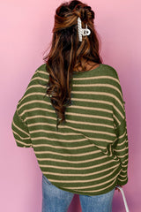 Green Stripe Casual Stripe Round Neck Drop Shoulder Sweater