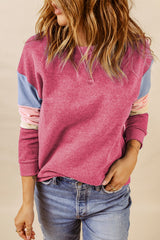 Rosy Color Block Casual Drop Sleeve Sweatshirt