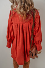 Tomato Red Bishop Sleeve Button-Up Pleated Mini Shirt Dress