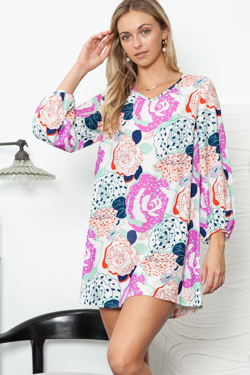 Multicolor Floral Print V Neck Bohemian Tunic Dress