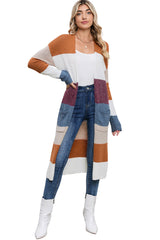 Multicolor Knitted Color Block Open Front Long Cardigan