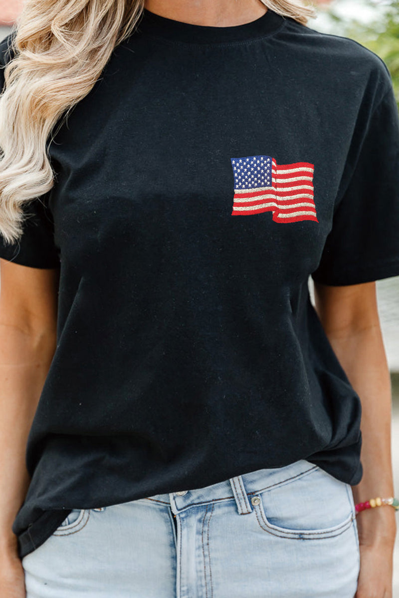 Black American Flag Embroidered Graphic Crew Neck T Shirt