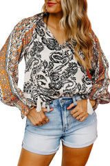 White Boho Floral Print Fringe Tie Peasant Blouse