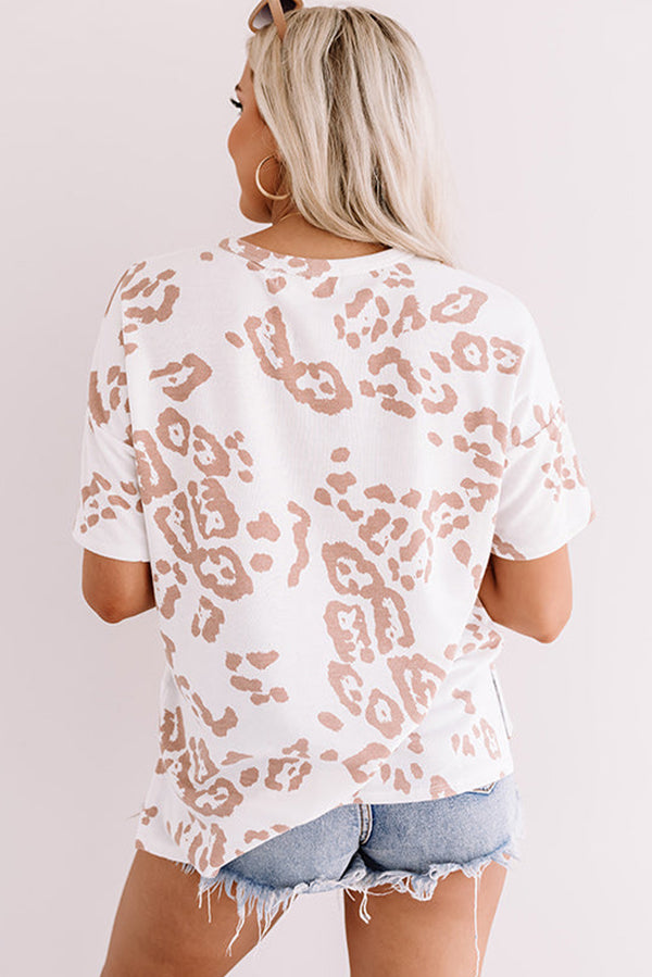 White V Neck Pocketed Leopard Plus Size Top