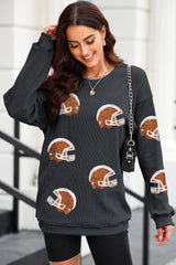 Black Sequin Rugby Helmet Patched Pattern Corded Sweatshirt