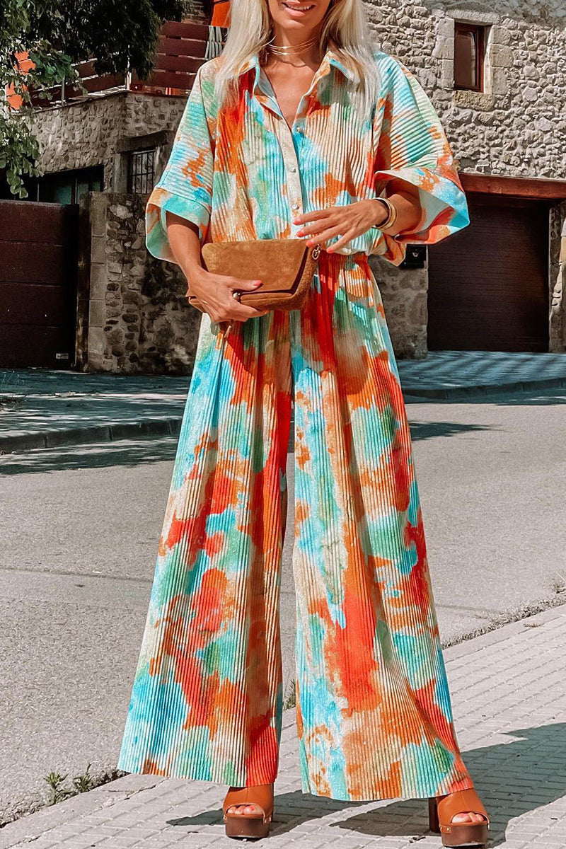 Multicolor Bohemian Tie Dye Pleated Wide Leg Jumpsuit