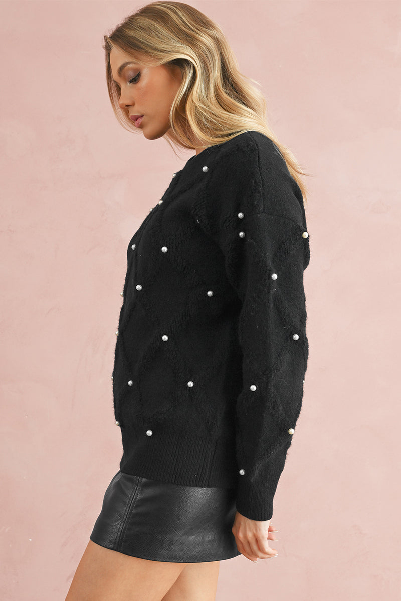 Black Pearl Embellished Rhombus Pattern Sweater