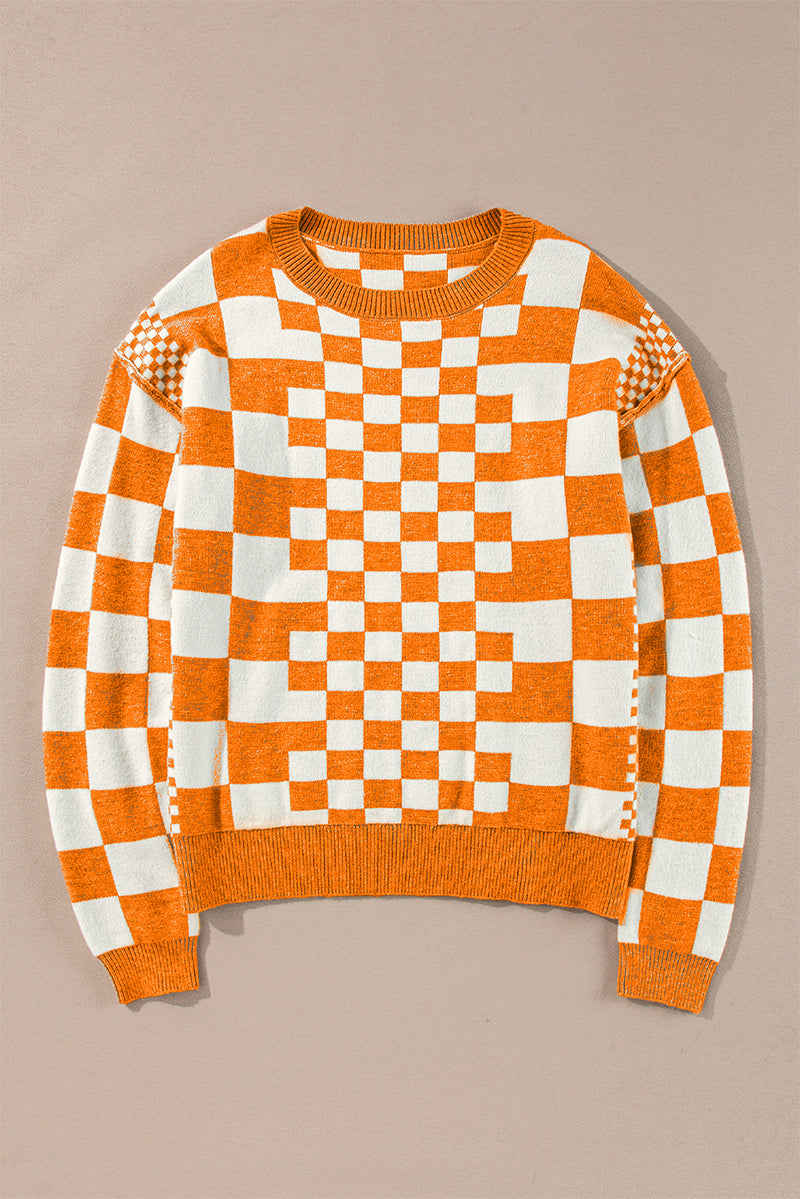 Carrot Checkered Drop Shoulder Round Neck Sweater