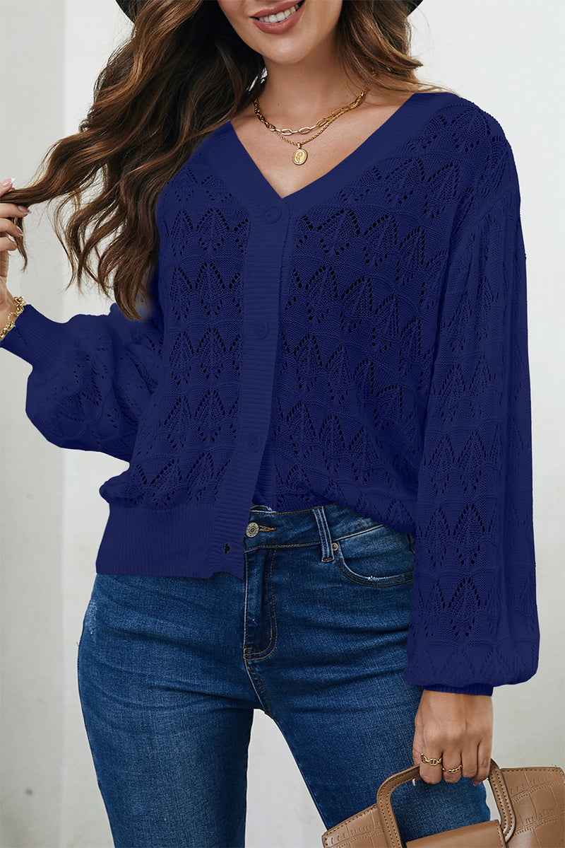 Blue Lightweight Buttoned Front Crochet Cardigan