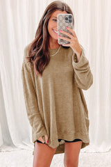 Green Waffle Knit Drop Sleeve High Slits Oversized Top