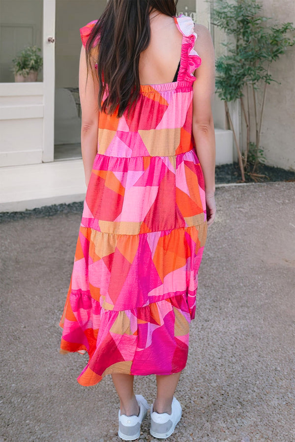 Multicolour Boho Geometric Ruffle Strap Tiered Midi Dress