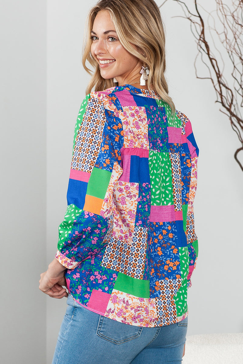 Multicolor Floral Patchwork Buttoned Puff Sleeve Shirt