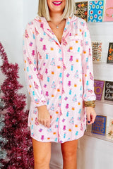 Pink Christmas Twinkle Tree Print Casual Shirt Sleep Dress