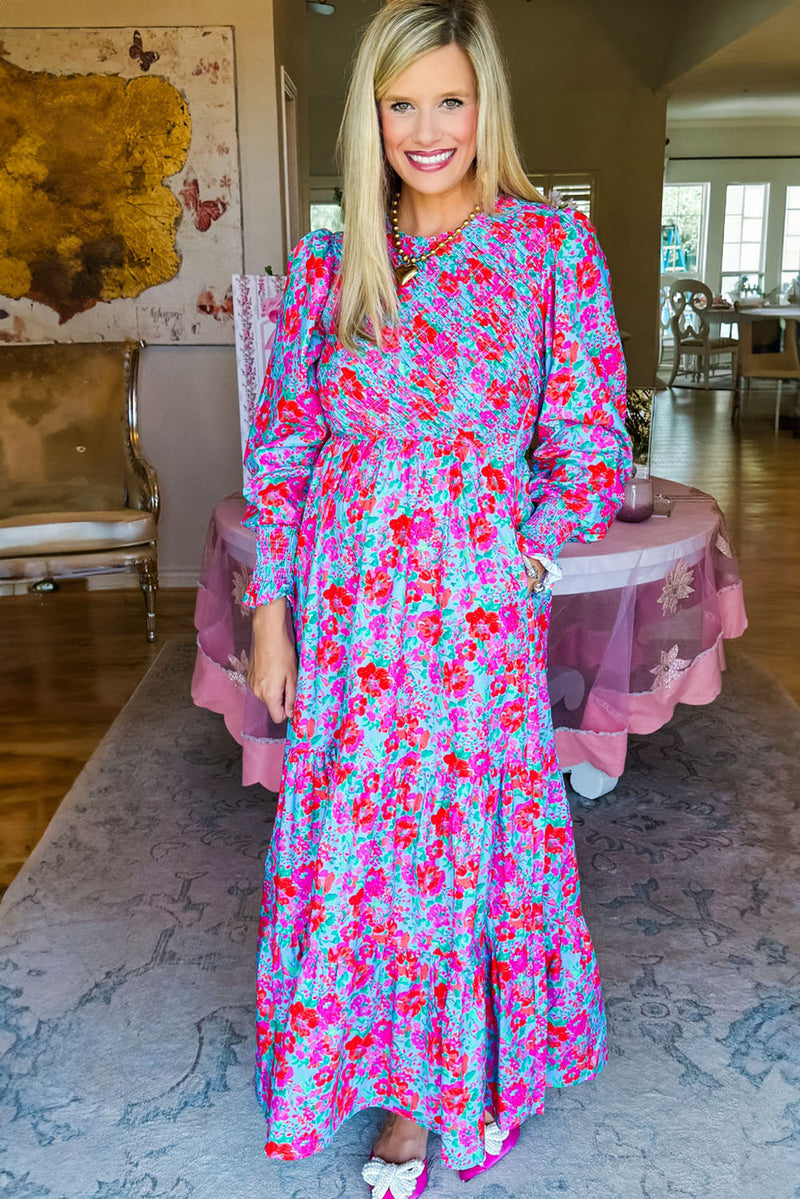 Sky Blue Boho Floral Print Smocked Lantern Sleeve Tiered Maxi Dress