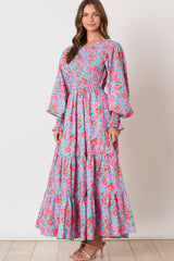 Sky Blue Boho Floral Print Smocked Lantern Sleeve Tiered Maxi Dress