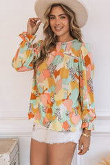 Multicolor Abstract Print Boho Ruffle Puff Sleeve Blouse