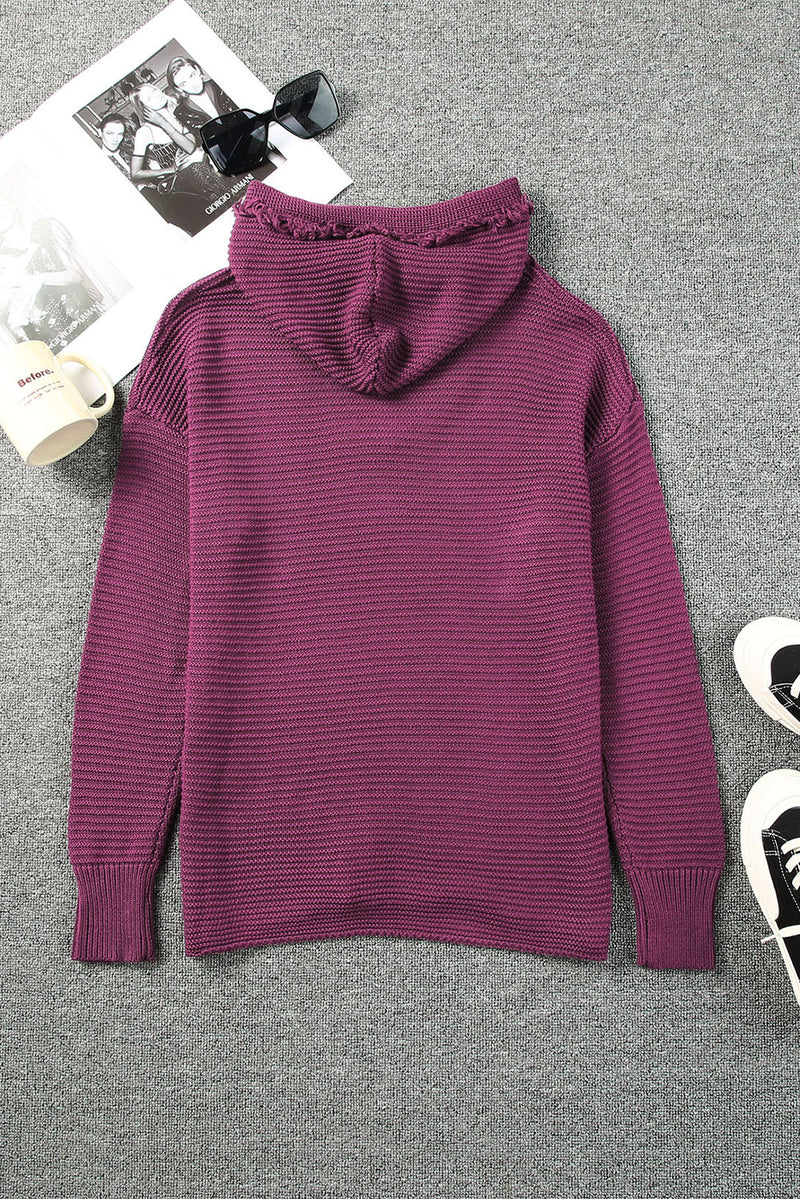 Purple Split V Neck Pullover Knit Sweater Hoodie