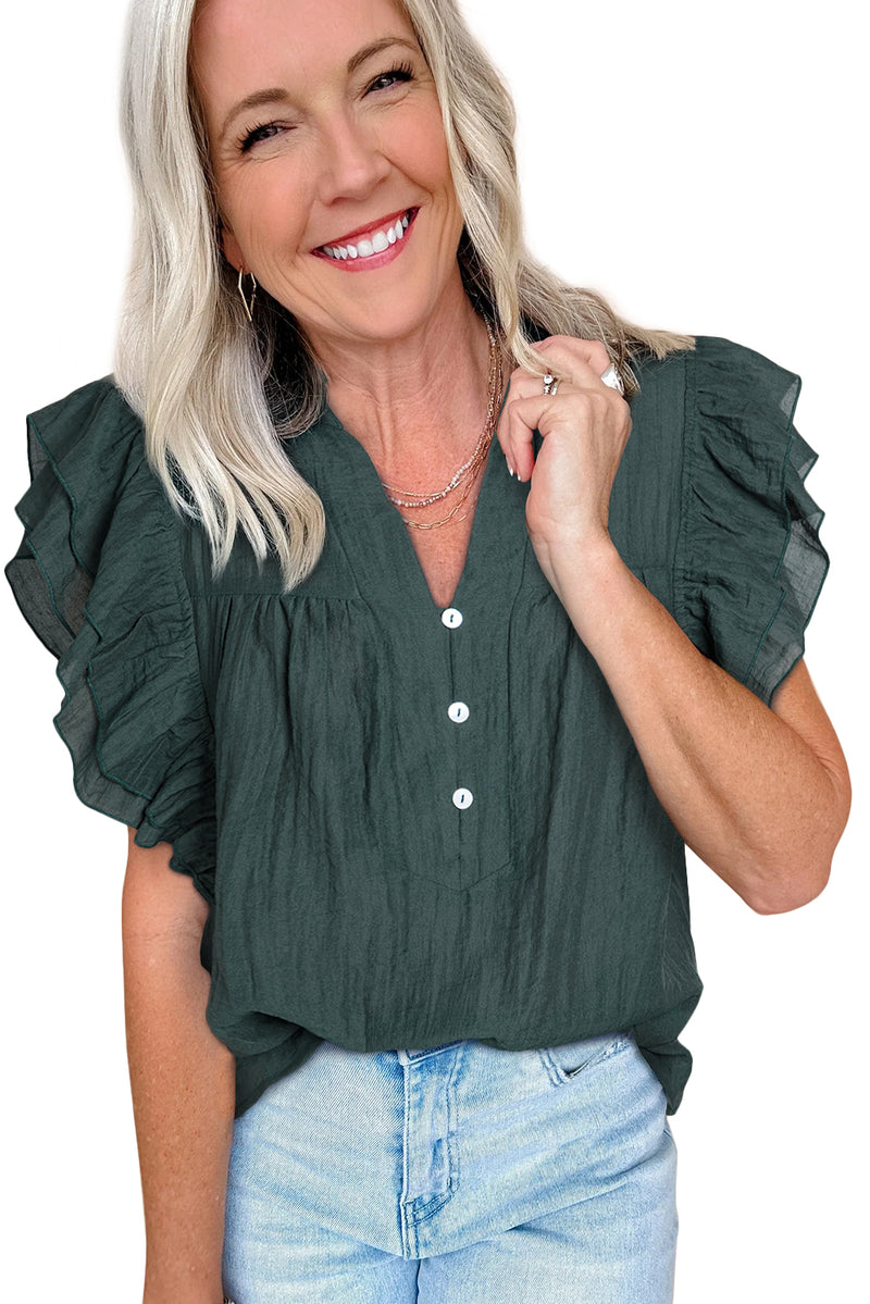 Skobeloff Buttoned V Neck Ruffle Short Sleeve Blouse