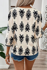 Black Ethnic Abstract Print Puff Sleeve V Neck Blouse