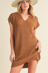 Camel V Neck Loose Fit Mini Knitted Dress