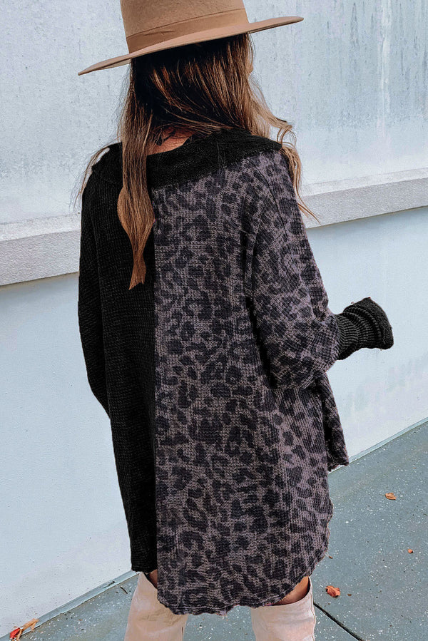 Black Waffle Knit and Leopard Print Color Block Oversized Henley Shirt