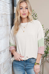 White Ribbed Colorblock Drop Sleeve Top