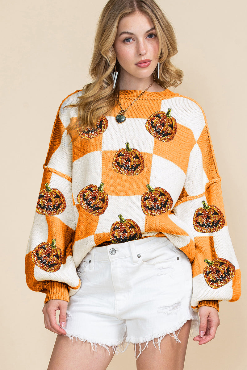 Grapefruit Orange Sequined Halloween Pumpkin Checkered Sweater