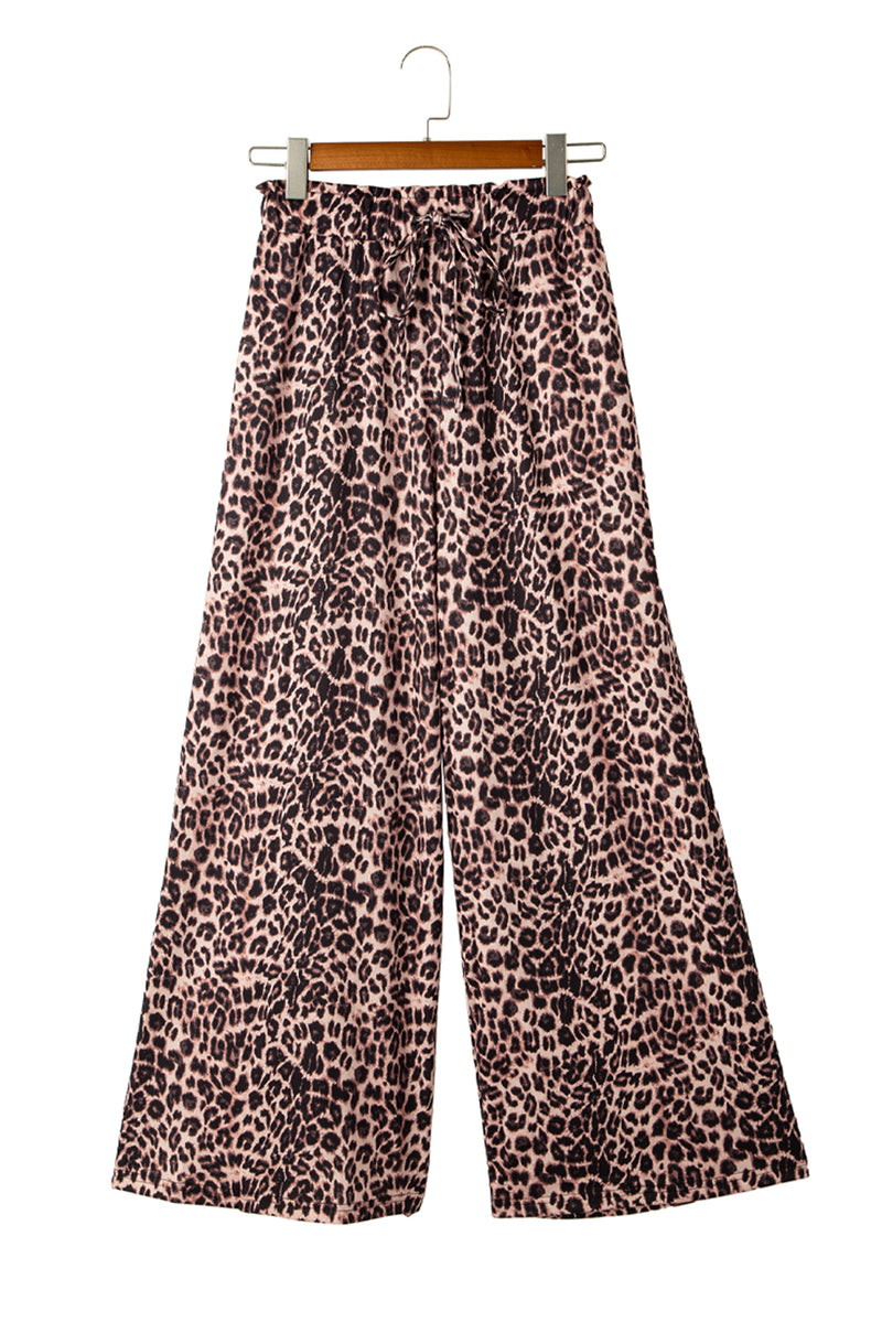 Beige Boho Leopard Print Wide Leg Pants