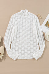 White Floral Lace High Neck Slim Fit Long Sleeve Top