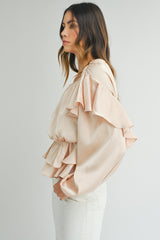 Oatmeal Elegant Satin Ruffle Peplum Blouse