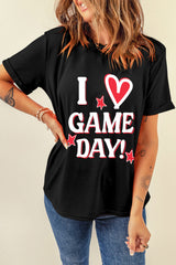 Black I Love GAME DAY Heart Printed Crewneck T Shirt