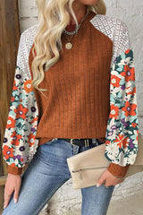 Laurel Green Floral Patchwork Raglan Sleeve Ribbed Blouse