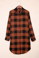 Brown & Black Plaid Collared Botton Down Long Shirt Shacket