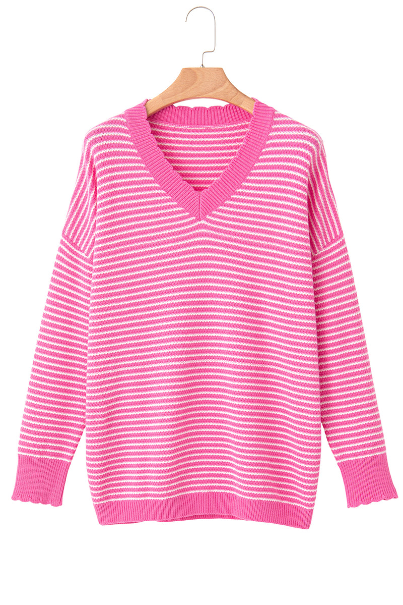 Pink Striped Scallop V Neck Split Knitted Sweater