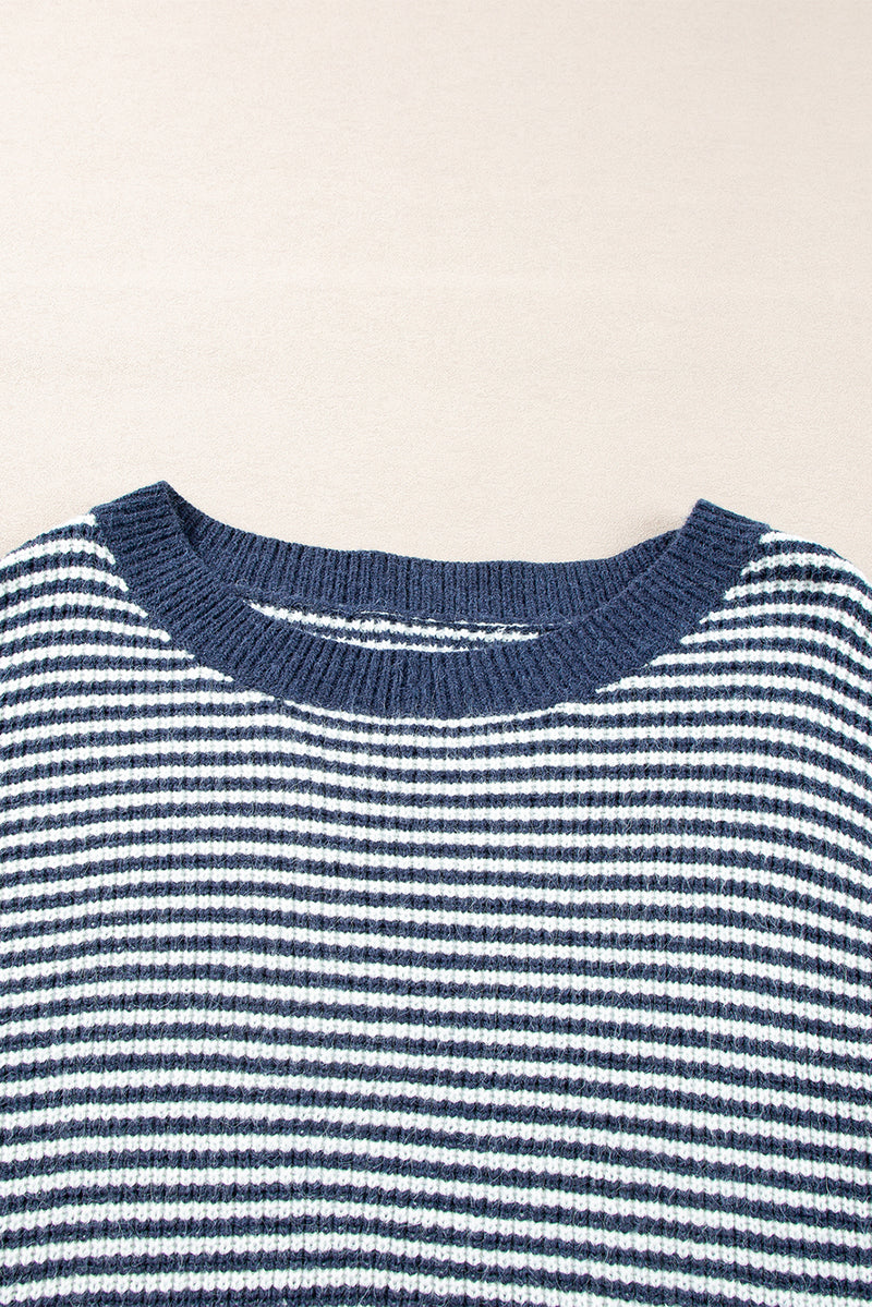 Sail Blue Striped Drop Shoulder Lantern Sleeve Sweater