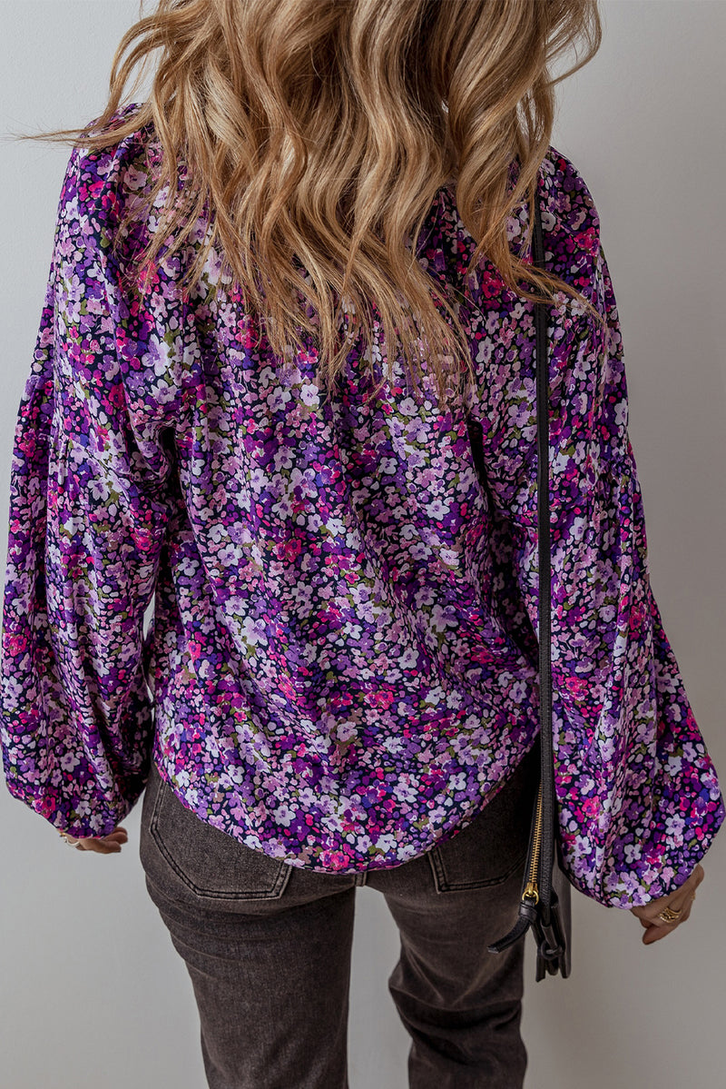 Purple Boho Ditsy Floral Split V Neck Bubble Sleeve Blouse