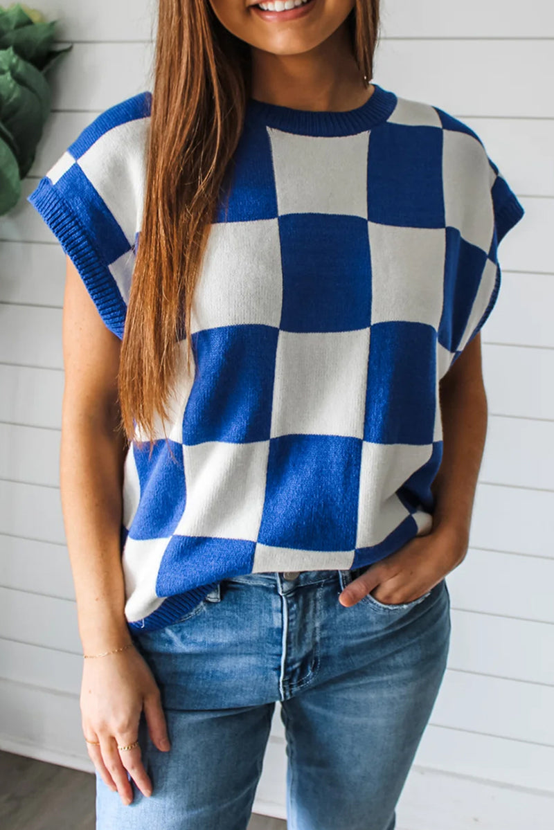 Dark Blue Checkered Knit Top