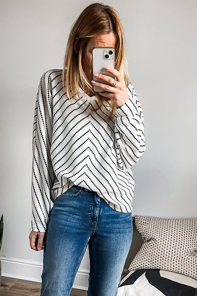 Black Stripe V Neck Long Sleeve Waffle Knit Top