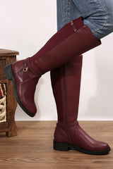 Burgundy Side Zipper Knee High Chunky Low Heel Boots