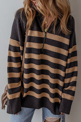 Green Striped Collared Quarter Zip Oversized Sweater