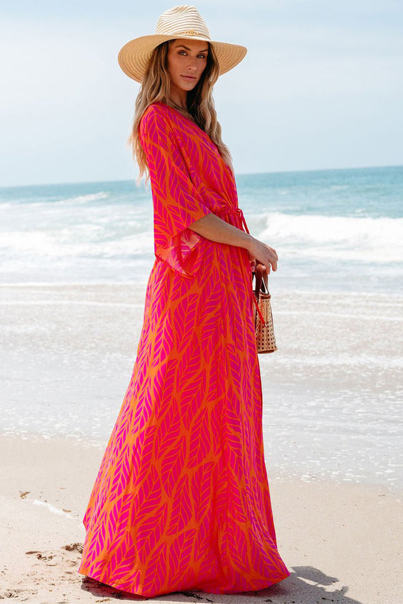 Orange Leafy Print 3/4 Sleeve V Neck Buttoned Split Maxi Dress