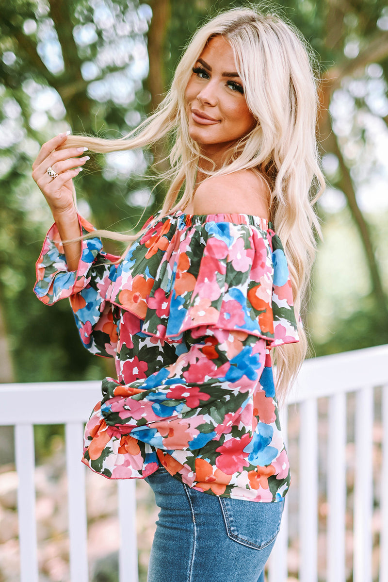 Multicolor Bohemian Floral Print Shirred Ruffle Off Shoulder Blouse