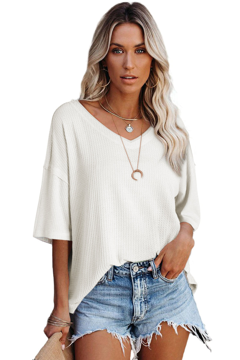 Black Waffle Knit Casual Drop Shoulder Loose Top