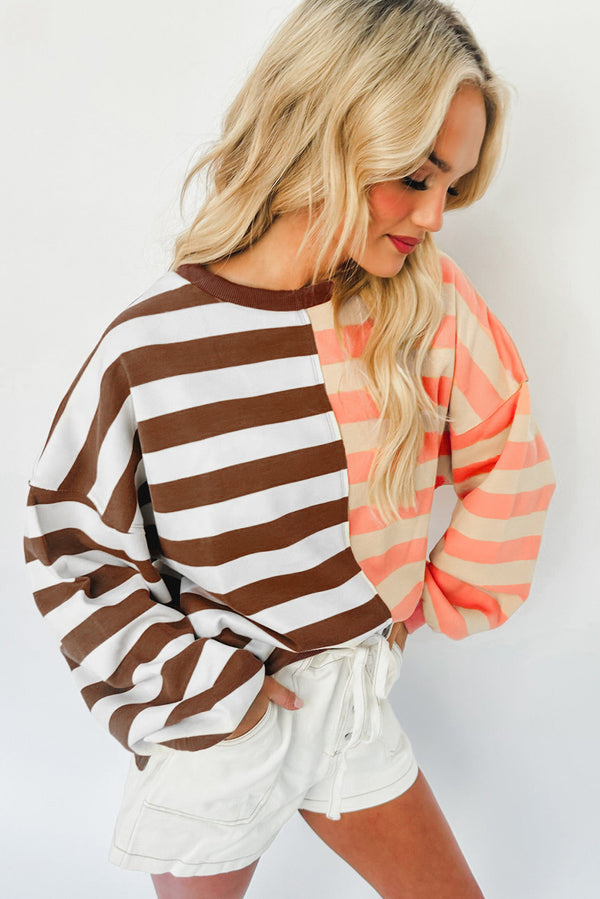 Brown Stripe Color Block Drop Shoulder Pullover Sweatshirt