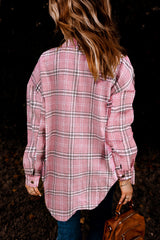 Pink Plaid Casual Button Up Shirt Shacket with Slits