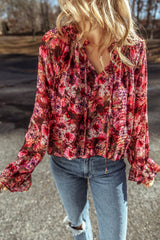 Rose Red Floral Print Drawstring Frill V Neck Blouse