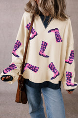 White Sequin Boots Graphic Patchwork Neck Sweatshirt