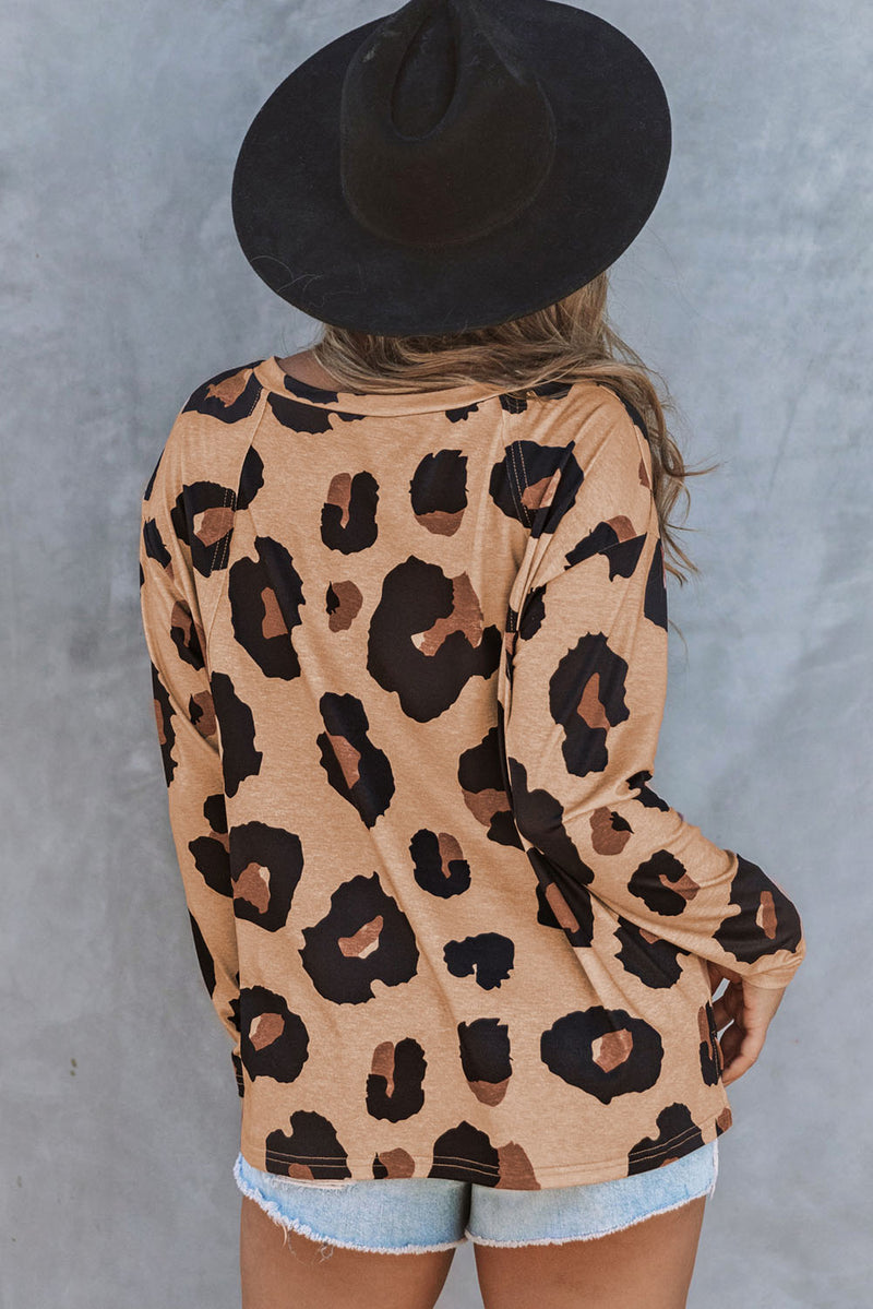 White Leopard Print Casual Loose Long Sleeve Top